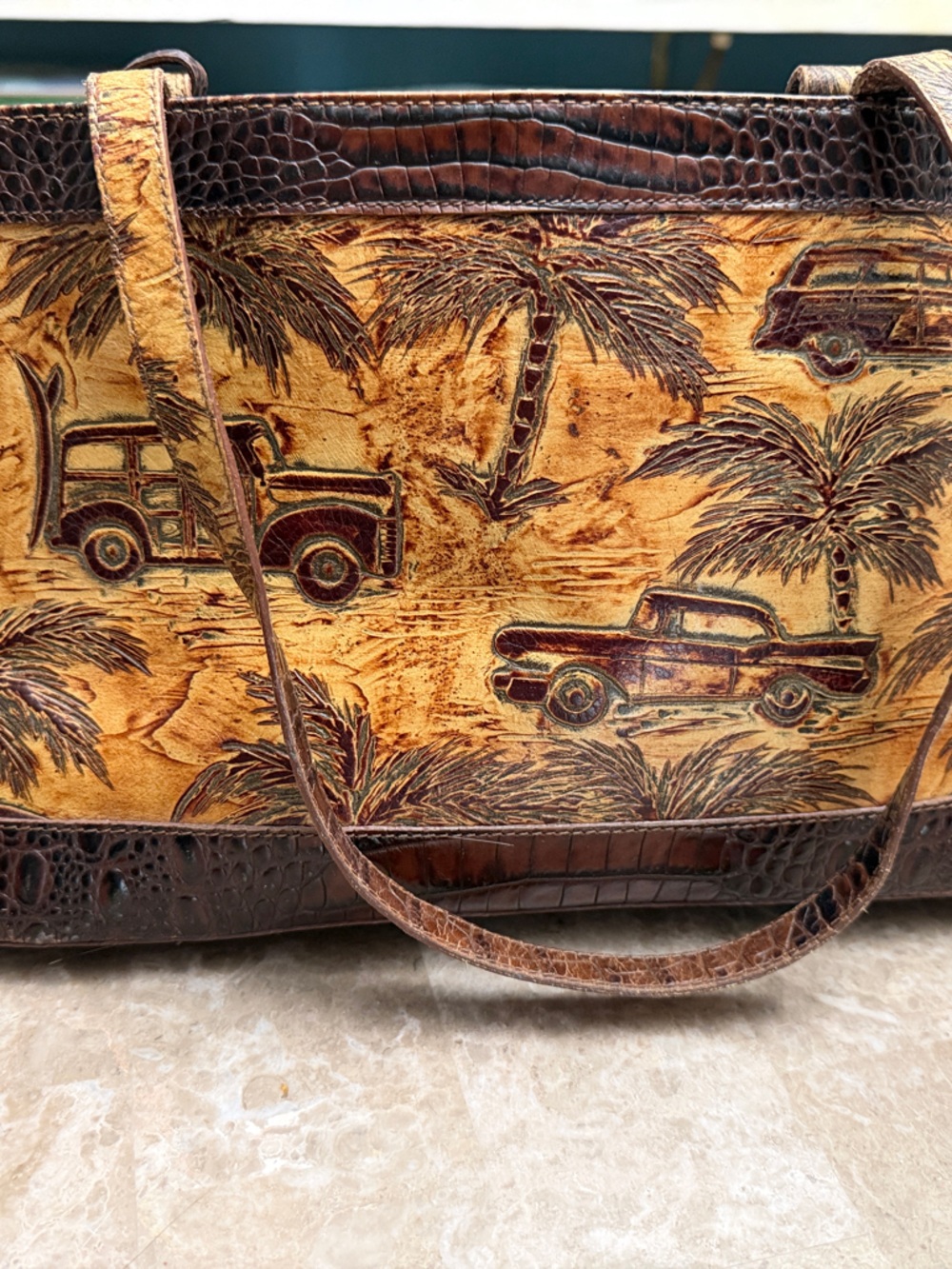 Brahmin Two-Tone Embossed Palm & Car Tote in Tan and Dark Brown